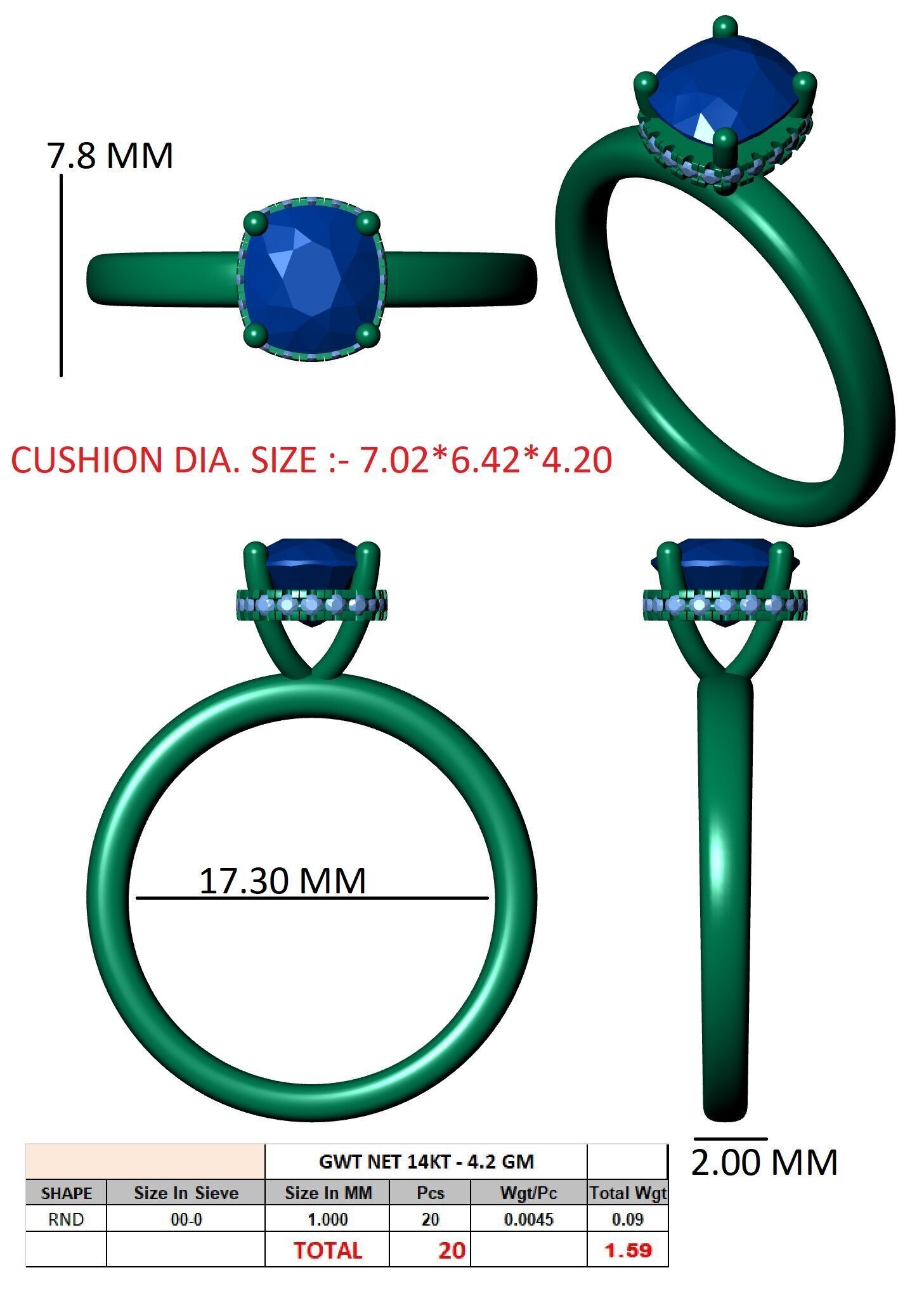 Cushion Cut Hidden Halo Engagement Ring 3D print model_12