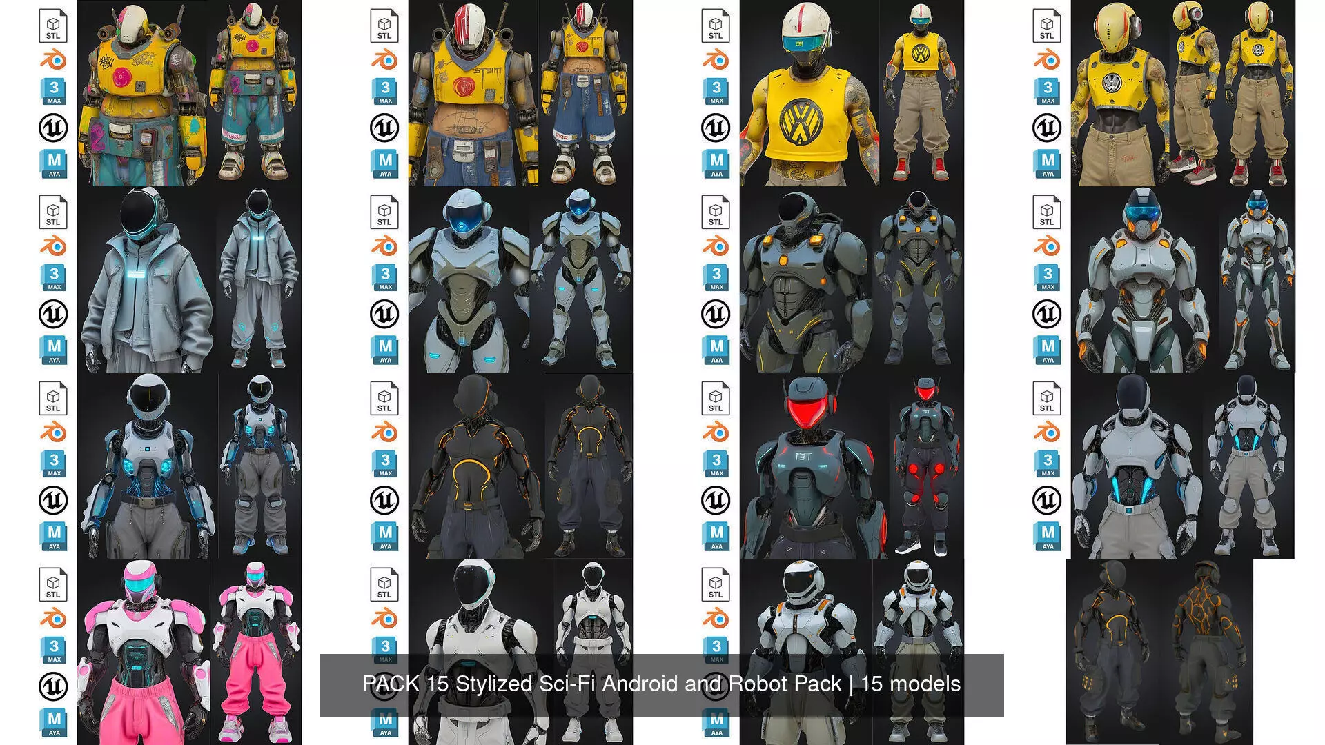 PACK 15 Stylized Sci-Fi Android and Robot Pack 3D Model Collection_1