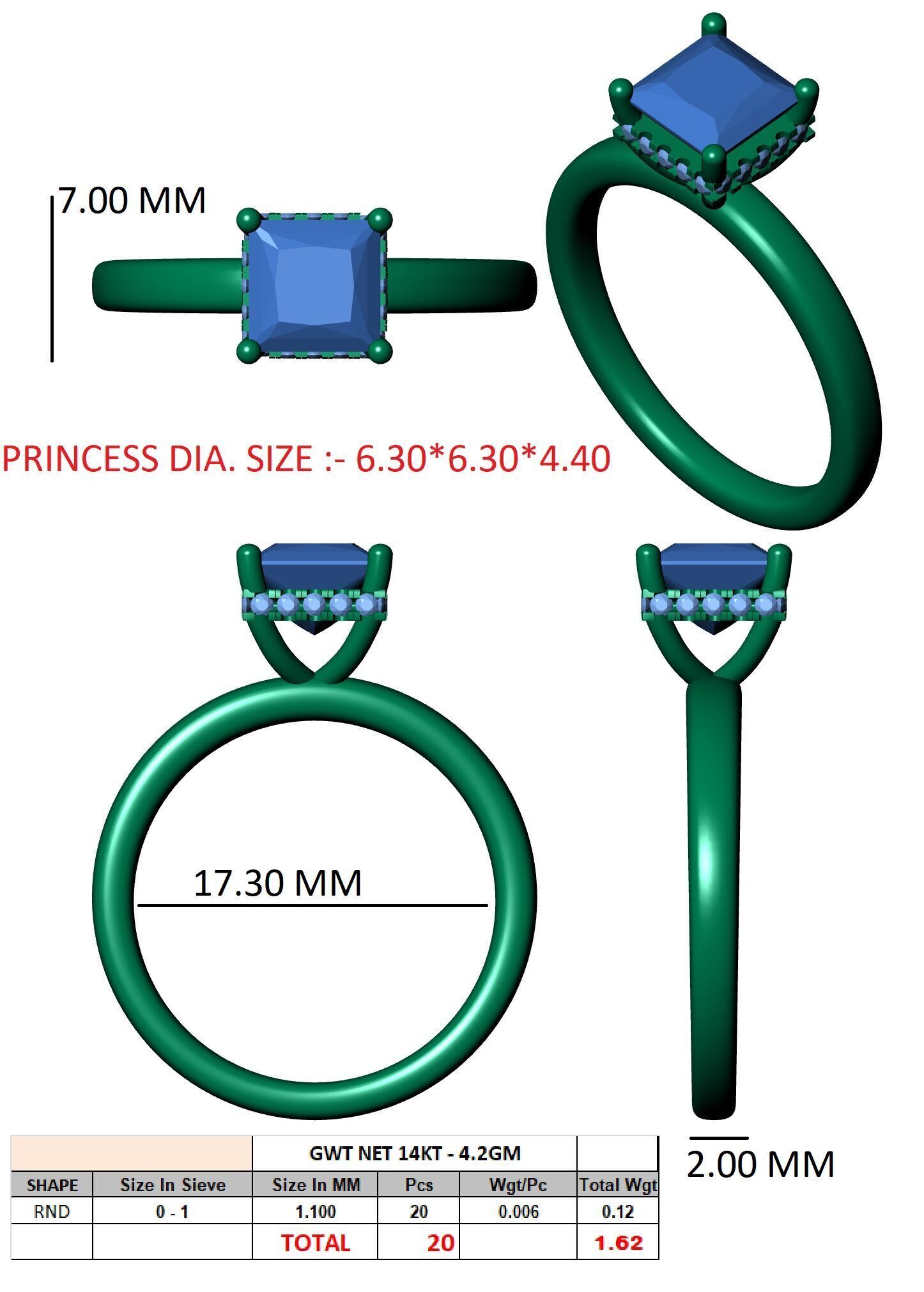 PRINCESS Cut Hidden Halo Engagement Ring 3D print model_12