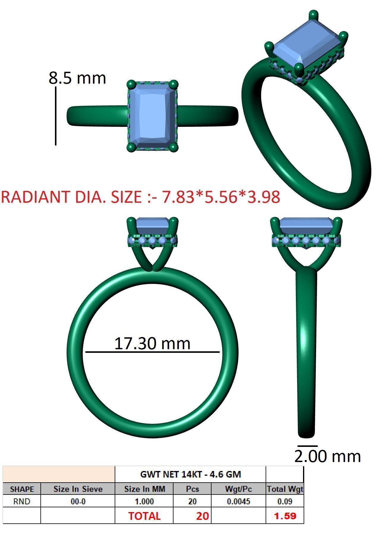 RADIANT Cut Hidden Halo Engagement Ring  3D print model_12