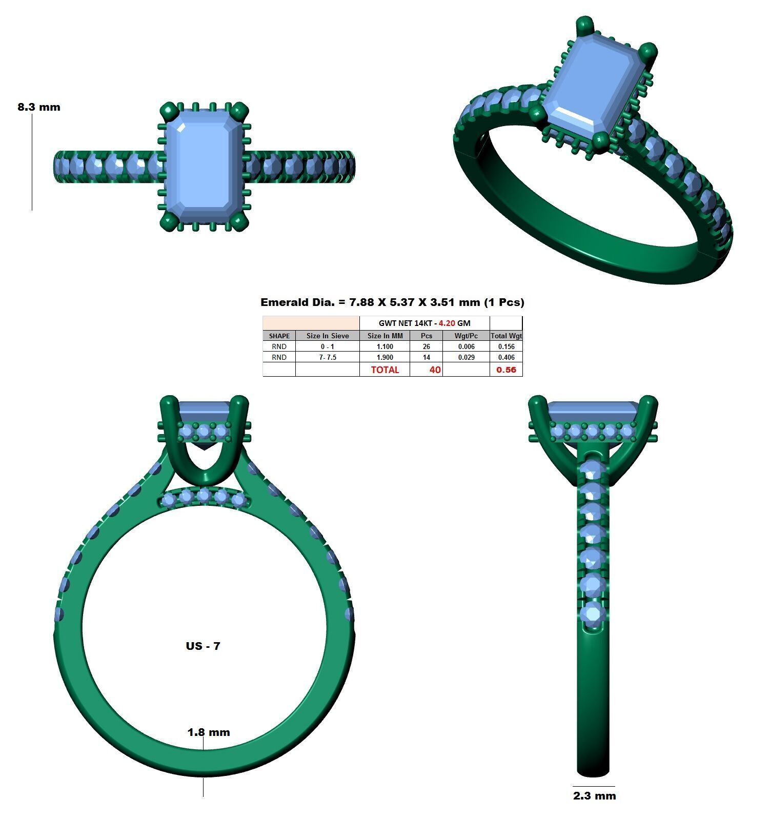 Emerald Cut Hidden Halo Engagement Ring 3D print model_12