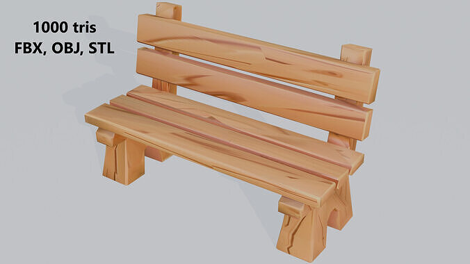 Plain Wooden Bench  Low-Poly Model  1K Tris   FBX  OBJ  STL Low-poly 3D model