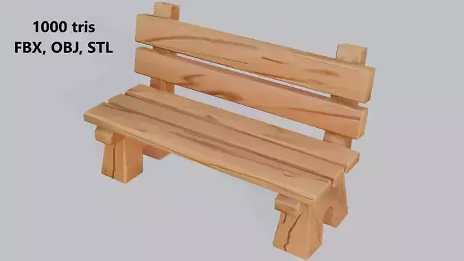 Plain Wooden Bench  Low-Poly Model  1K Tris   FBX  OBJ  STL Low-poly 3D model