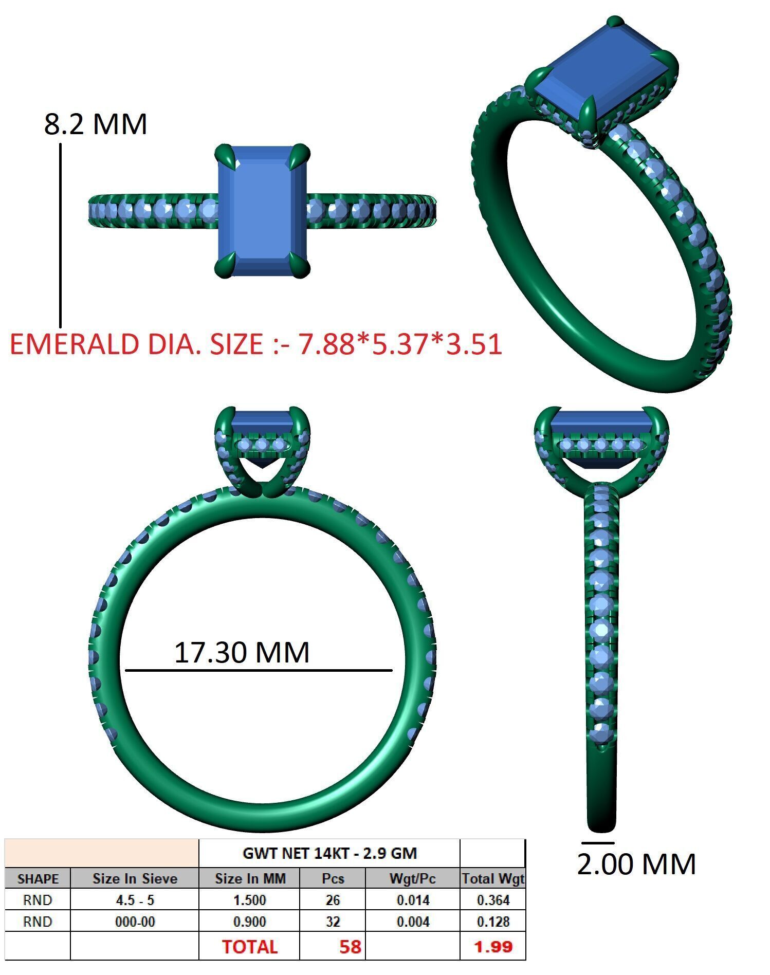 EMERALD Cut Hidden Halo Engagement Ring 3D print model_12
