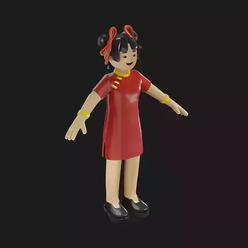 Stylized 3D Girl Character in Traditional Red Dress