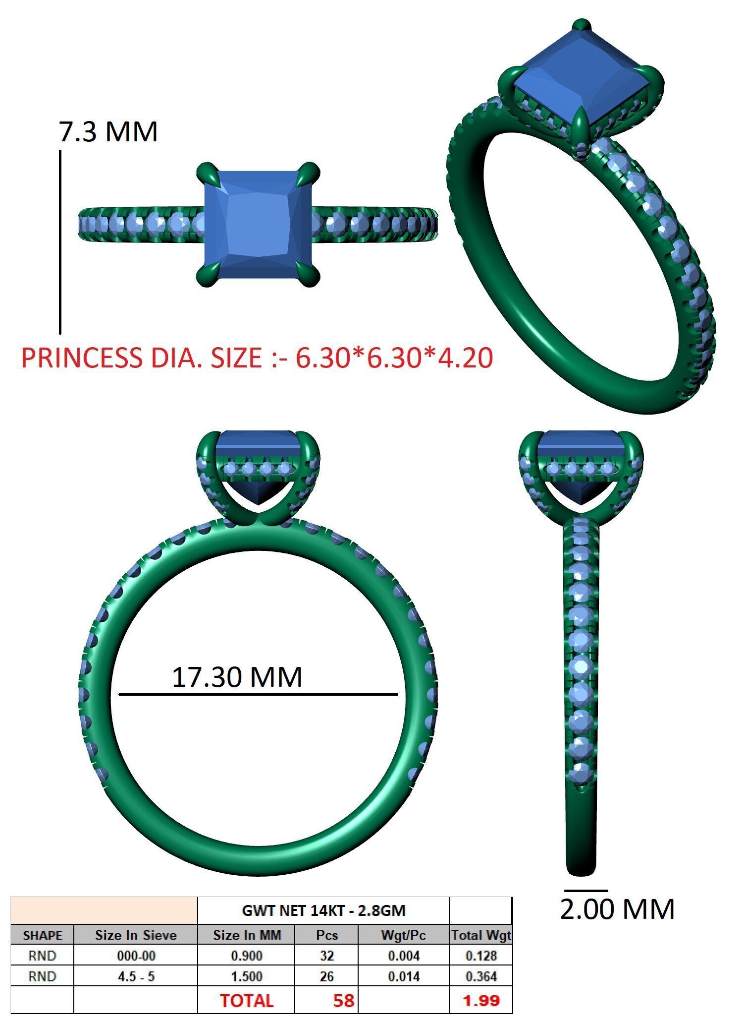 PRINCESS Cut Hidden Halo Engagement Ring 3D print model_12