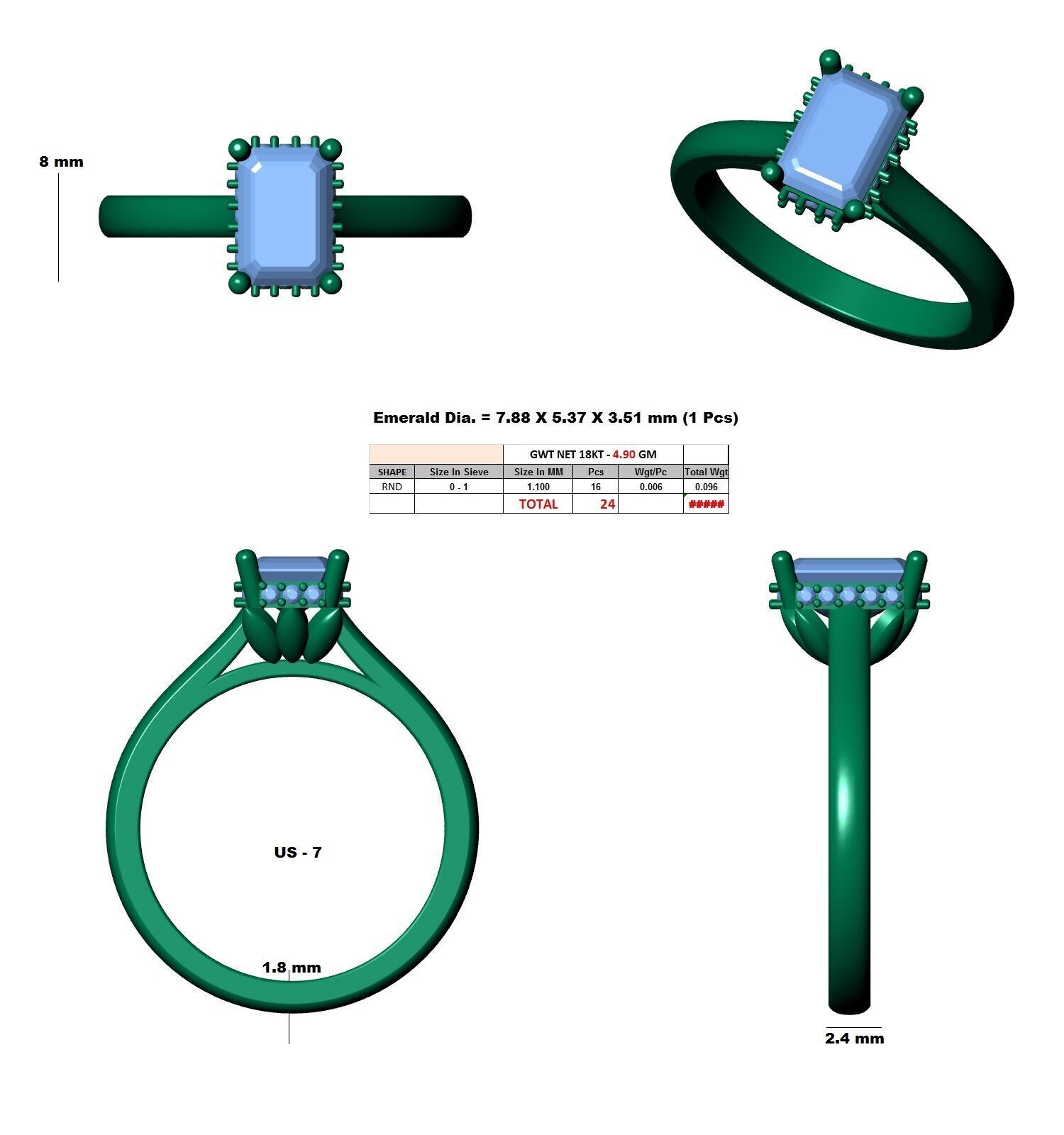 Emerald Cut Hidden Halo Engagement Ring 3D print model_12