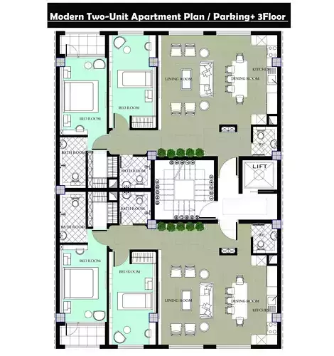 2-Unit Residential Building Plan 3D model
