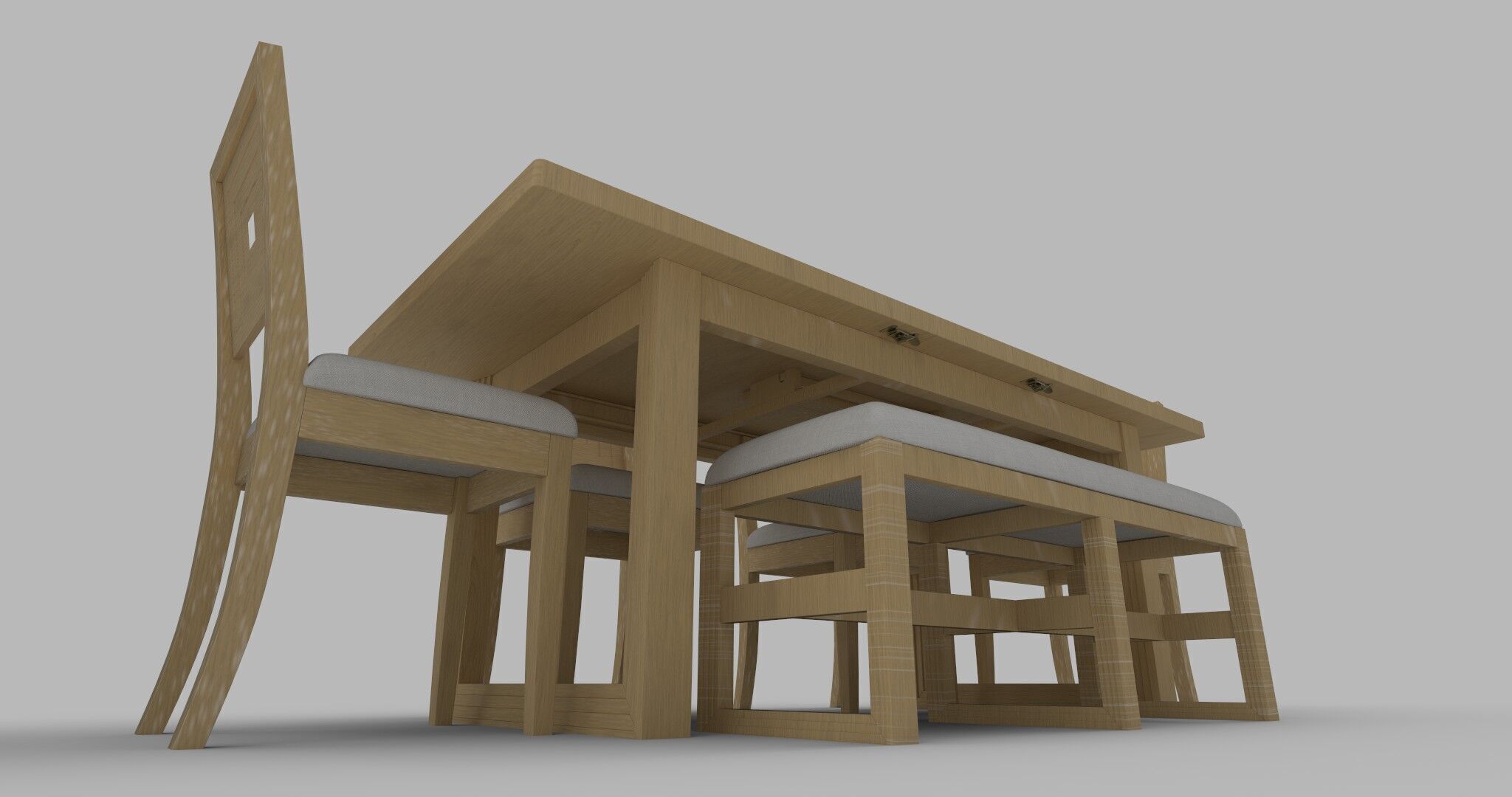 Modern Dining Table and Chairs Set and Bench Low-poly 3D model_1