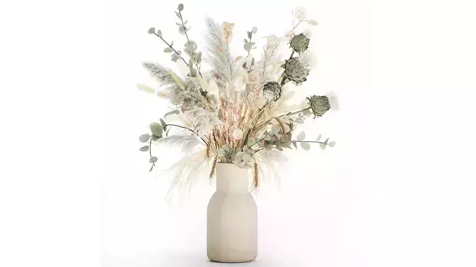 white bouquet of dried flowers in a vase dry branches pampas  3D model