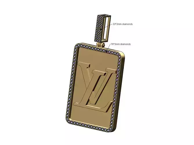 Large LV rectangular diamond bling pendant with bail 3D print model