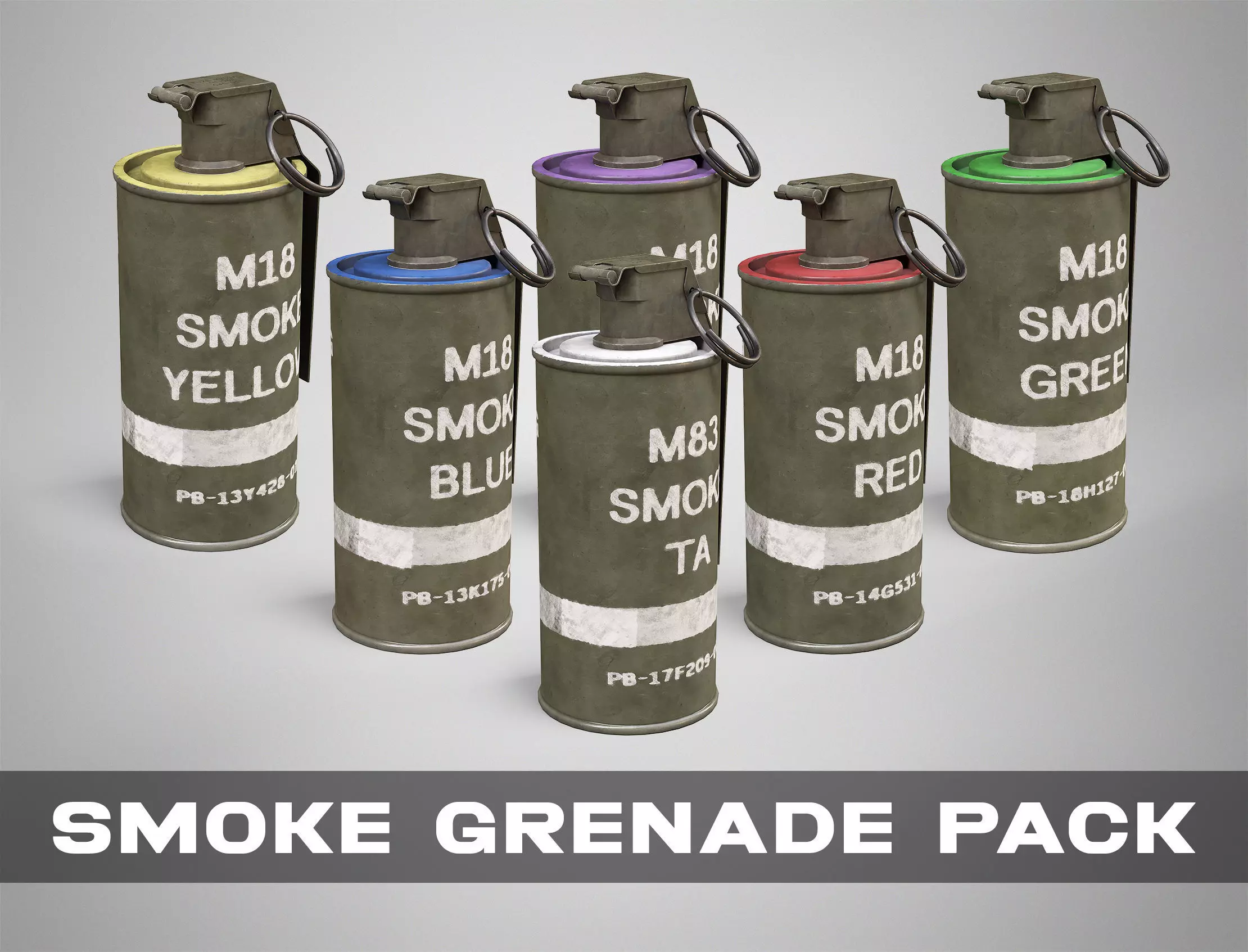 6 Smoke Grenade Pack - M18 M83 Hand Grenades AAA Game Ready 3D Model Collection_0