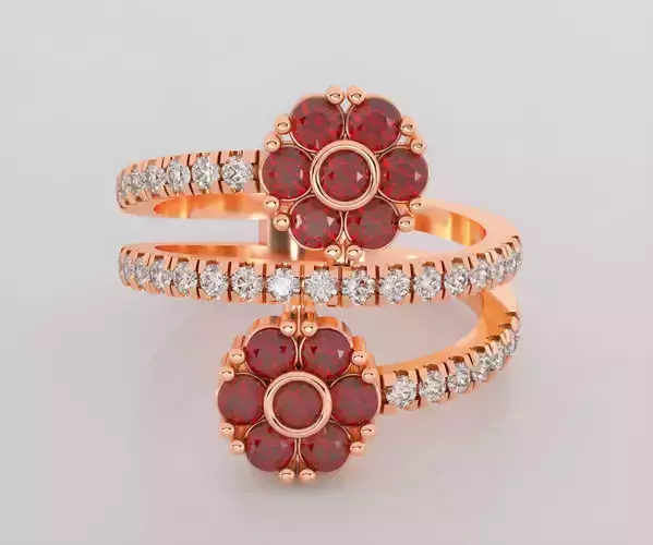 Dual Ruby Flower diamond ring 3dm stl render detail  3D print model