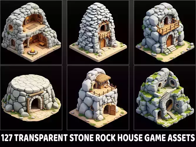 127 Transparent Fantasy Stone Rock House Game Asset