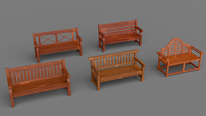 Wooden Street Bench low poly PBR  3D model Low-poly 3D model