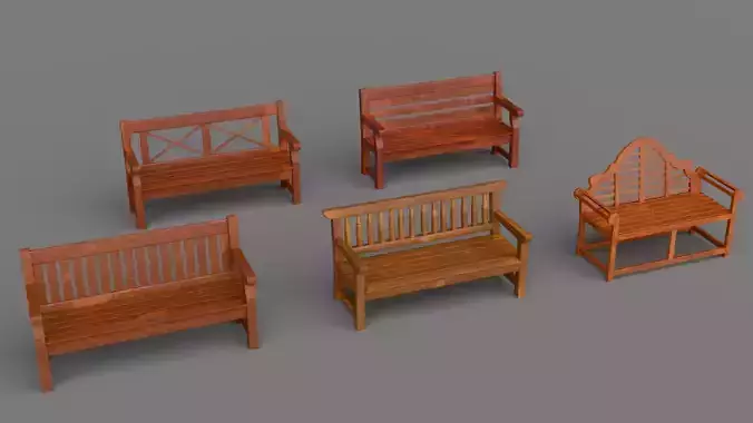 Wooden Street Bench low poly PBR  3D model