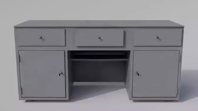 Massive metal workbench painted gray with defects type 2