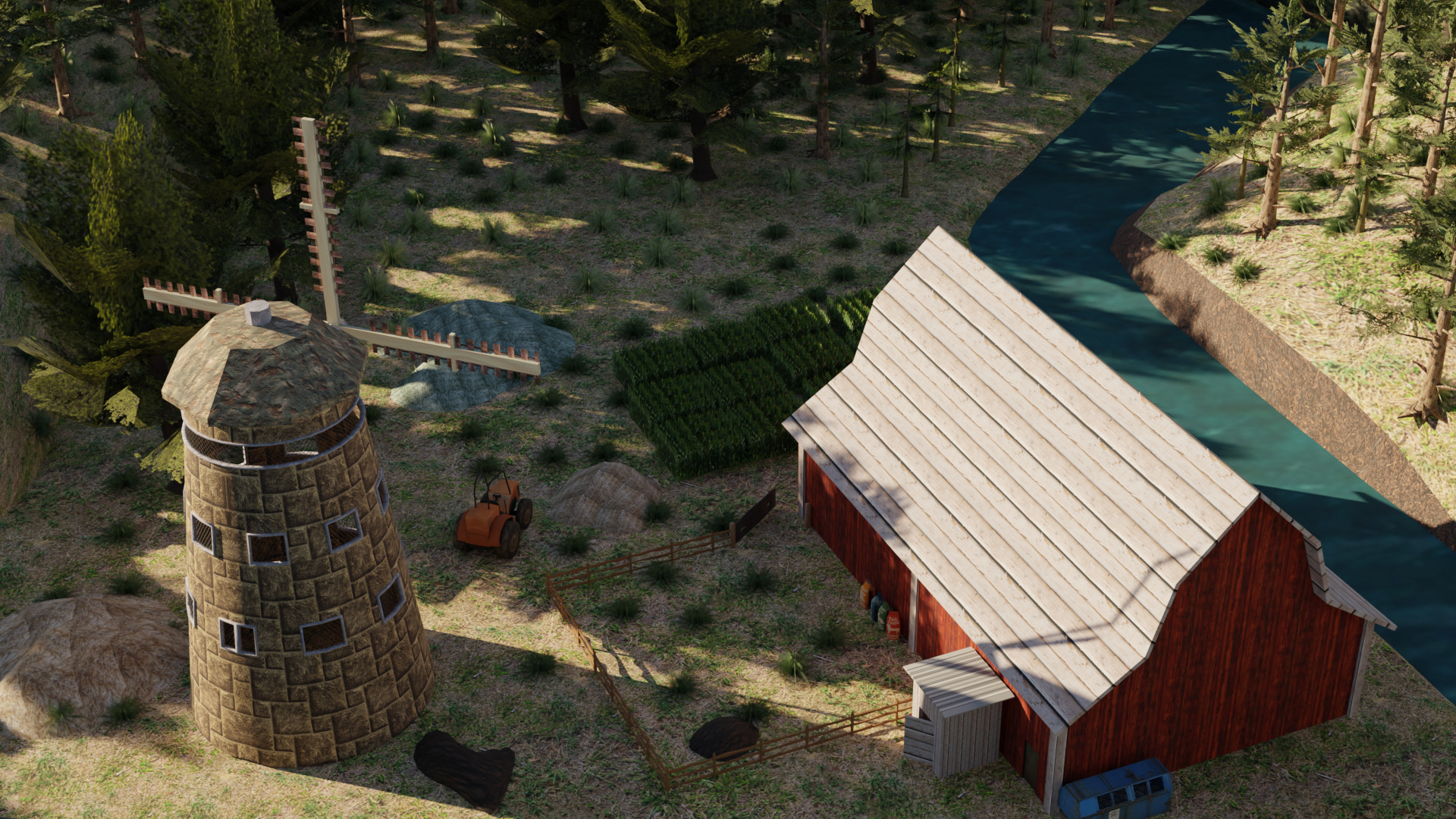 A Rustic Countryside Farm with Windmill and Riverside Barn 3D model_1