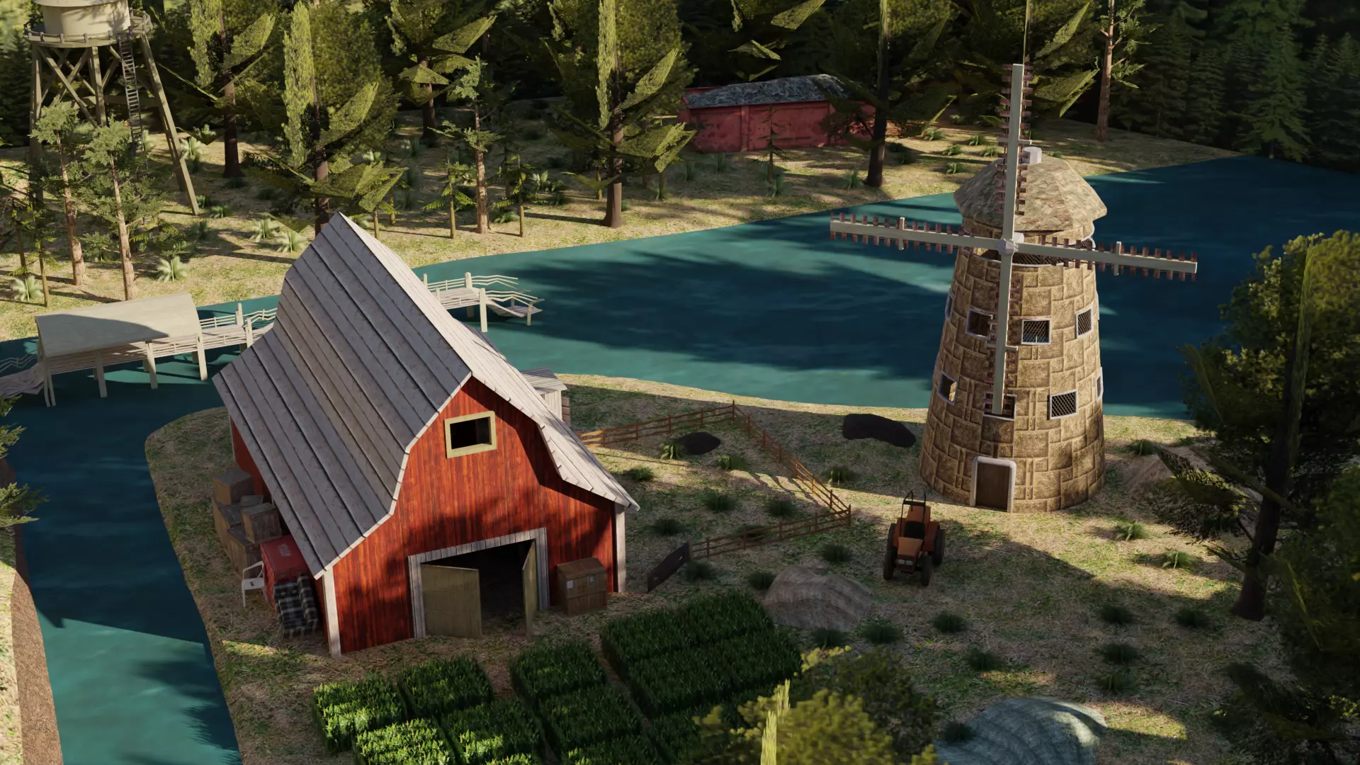 A Rustic Countryside Farm with Windmill and Riverside Barn 3D model_0
