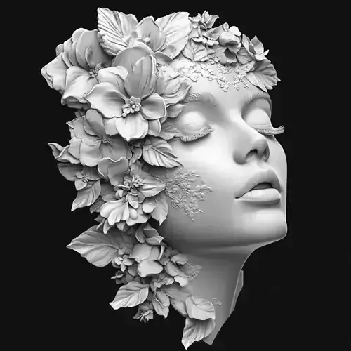  Beautiful Woman Face with Floral Elements Relief  3D print model