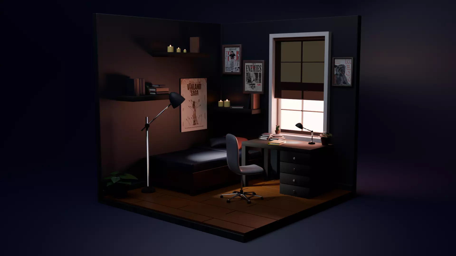 isometric study room Low-poly 3D model