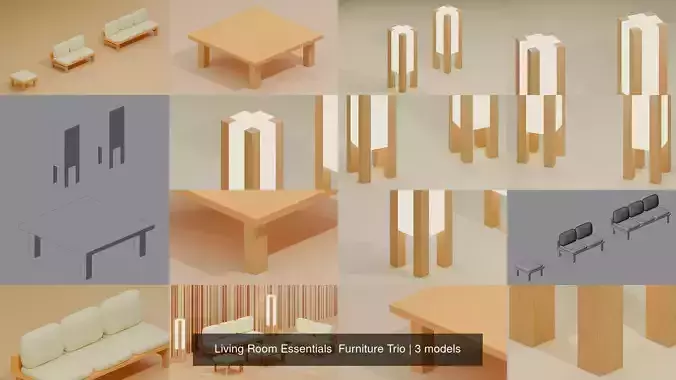 Living Room Essentials  Furniture Trio 3D Model Collection