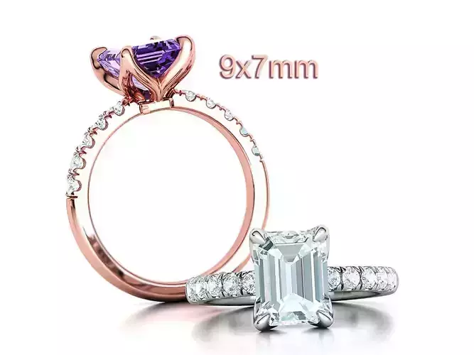 Engagement Solitaire Ring with 9x7mm Emerald stone 2mm side gems