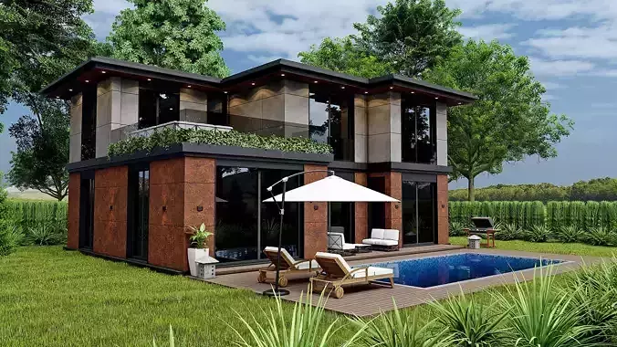 Modern Villa 3D Model with Textures and Lumion File Free 3D model