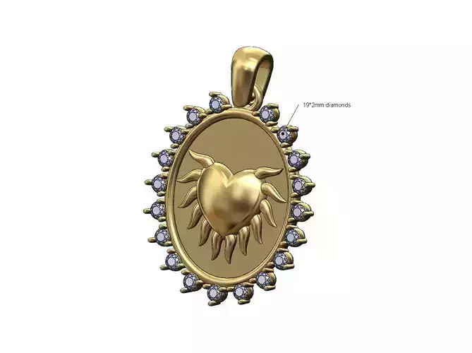Oval diamond Sacred flaming horned heart pendant