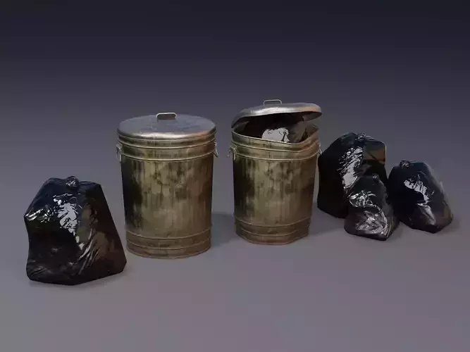 Metal Trash Can and Bags - Game Ready