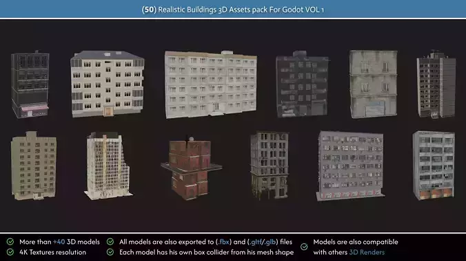 Realistic Buildings 3D Assets Pack For Godot Vol 1