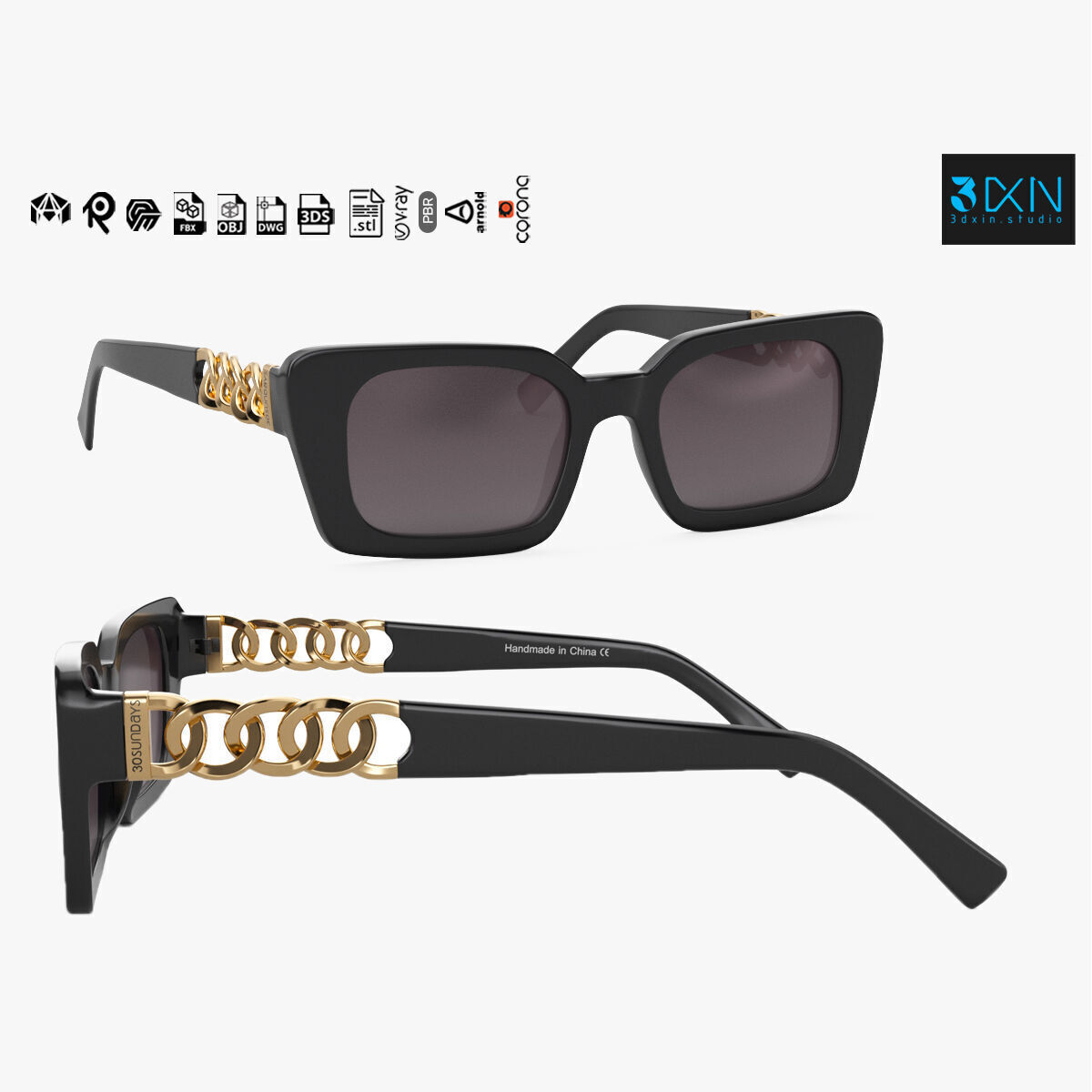 30Sundays Lustra Square Sleek Link Chain Sunglasses 3D model_0
