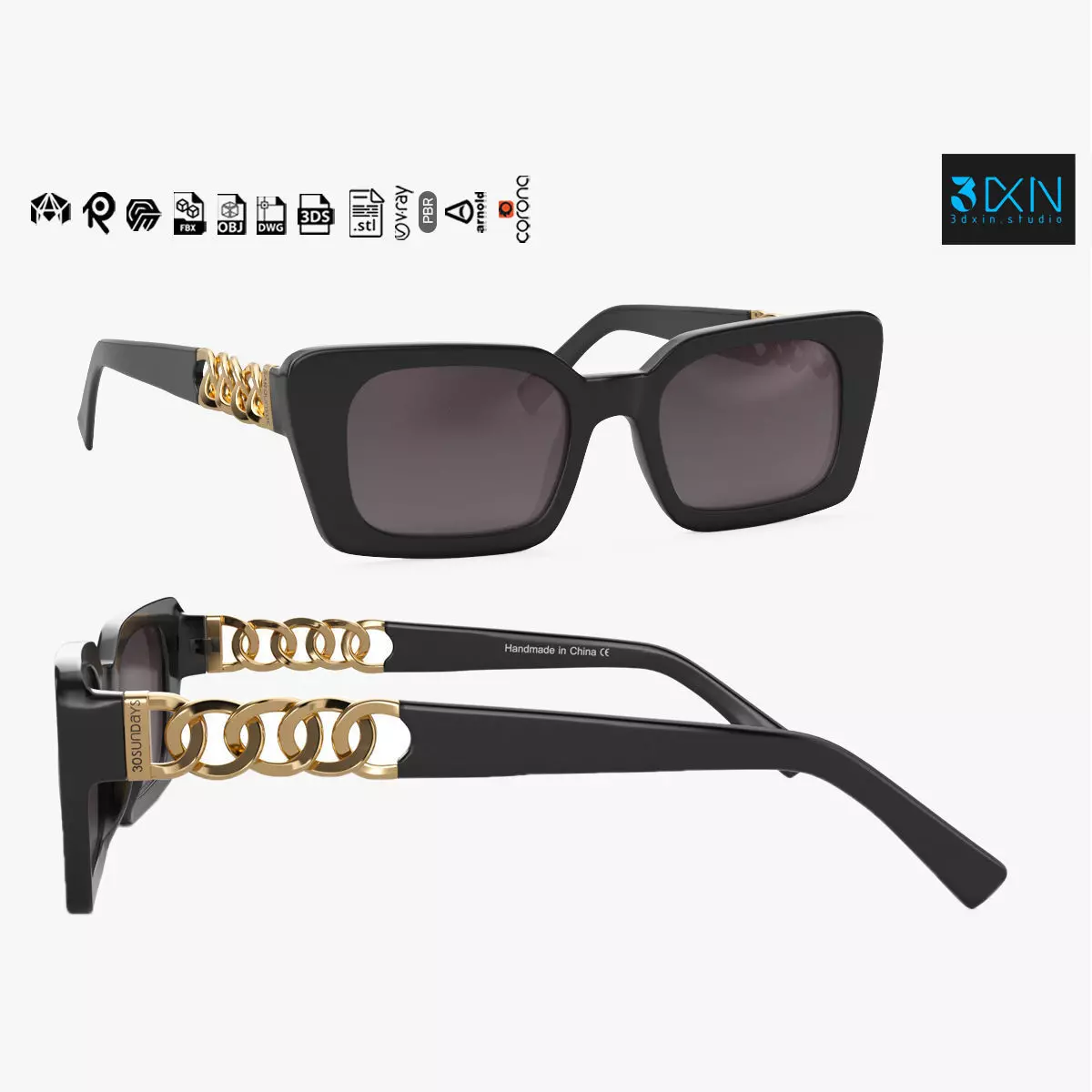 30Sundays Lustra Square Sleek Link Chain Sunglasses 3D model_0