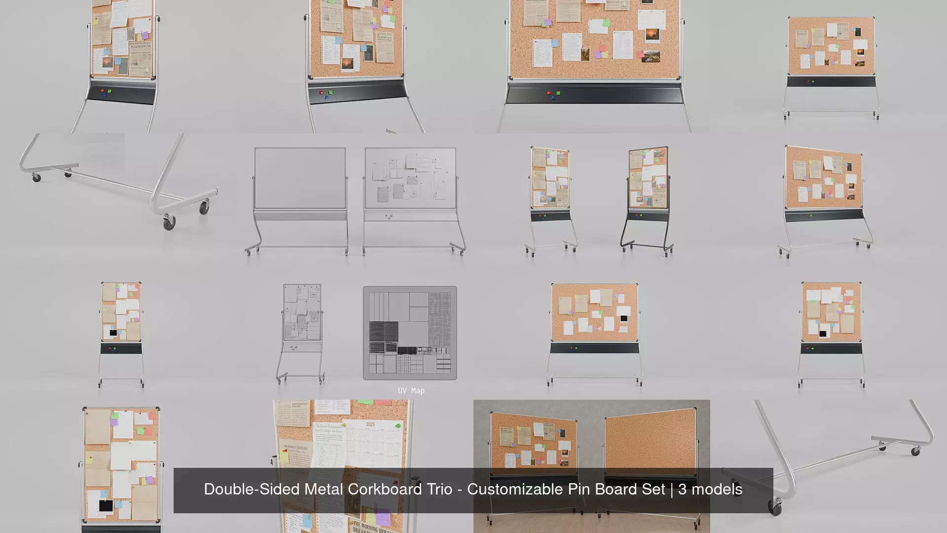 Double-Sided Metal Corkboard Trio - Customizable Pin Board Set 3D Model Collection_4