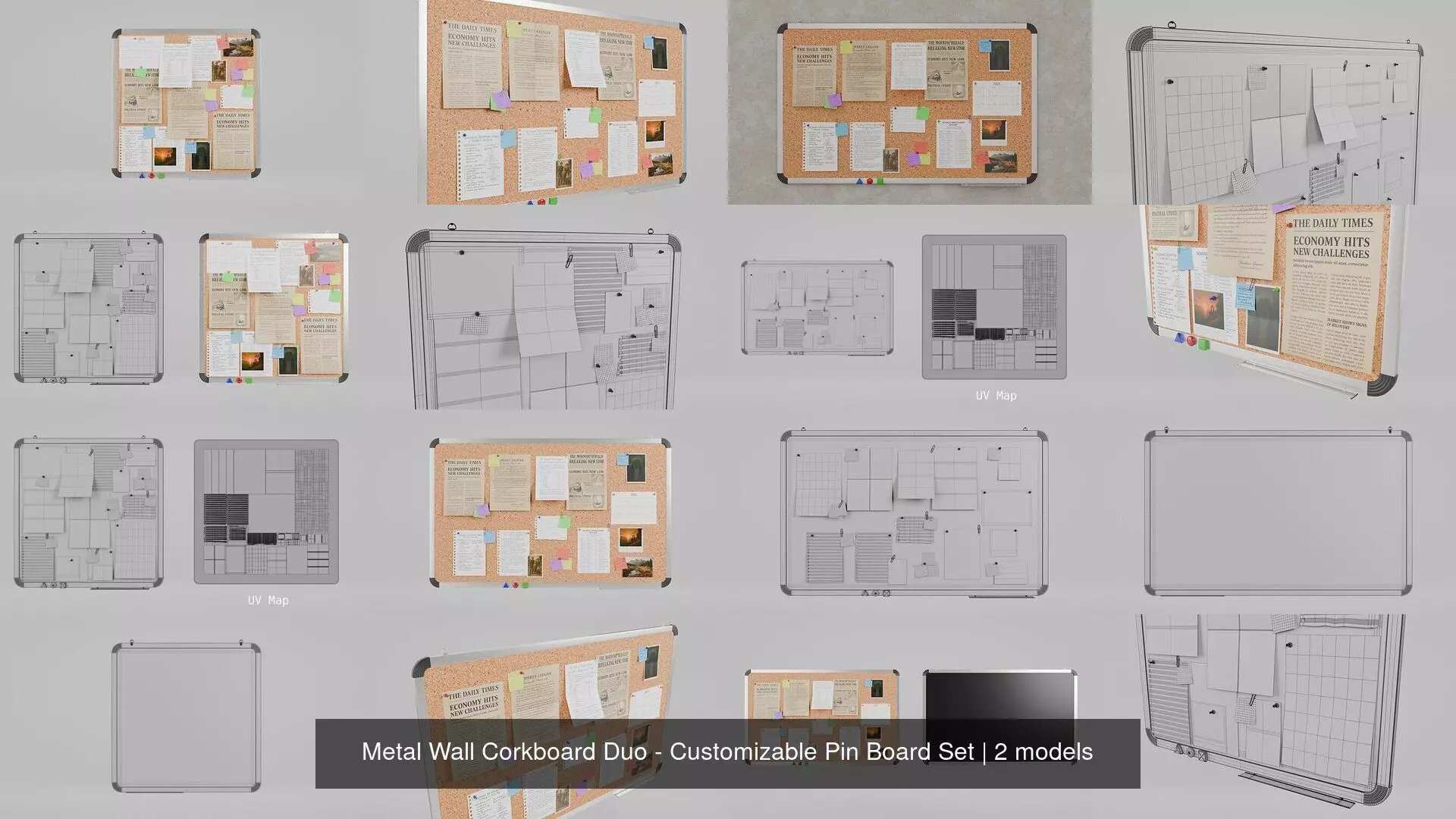 Metal Wall Corkboard Duo - Customizable Pin Board Set 3D Model Collection_3