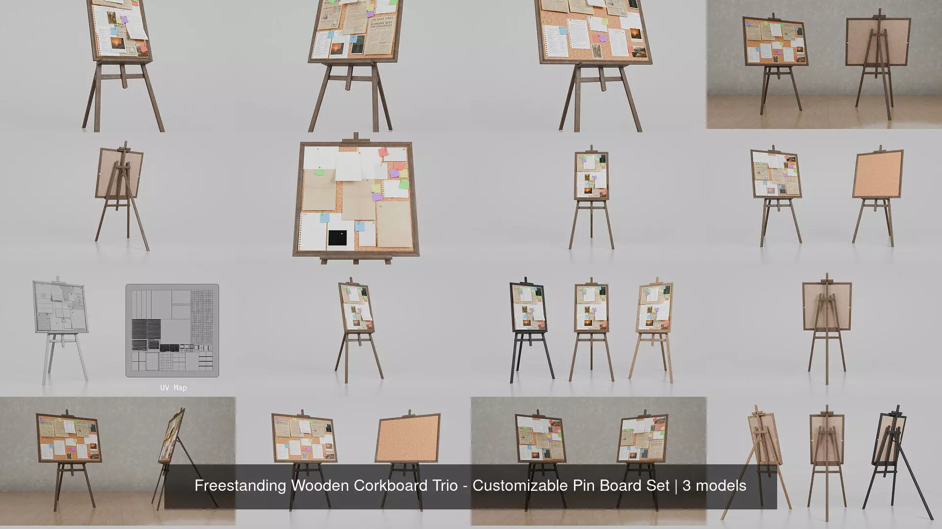 Freestanding Wooden Corkboard Trio - Customizable Pin Board Set 3D Model Collection_4