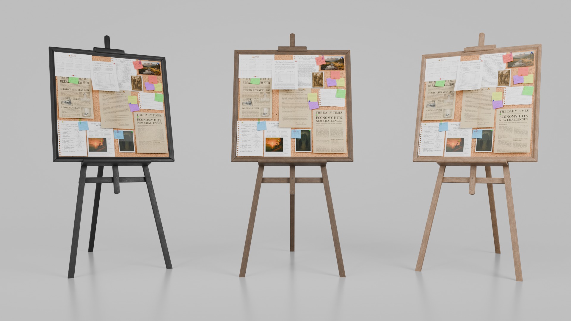 Freestanding Wooden Corkboard Trio - Customizable Pin Board Set 3D Model Collection_18