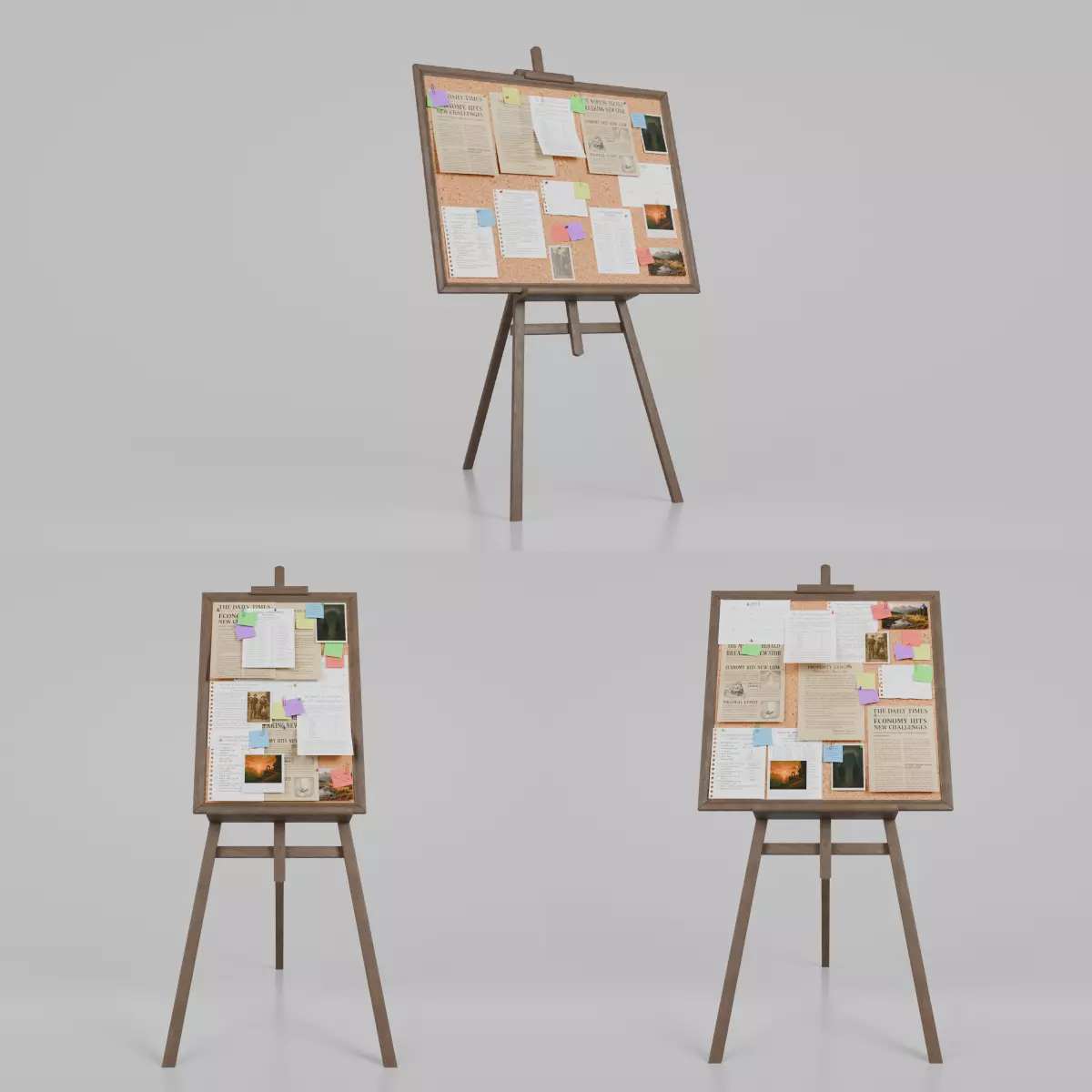 Freestanding Wooden Corkboard Trio - Customizable Pin Board Set 3D Model Collection_0