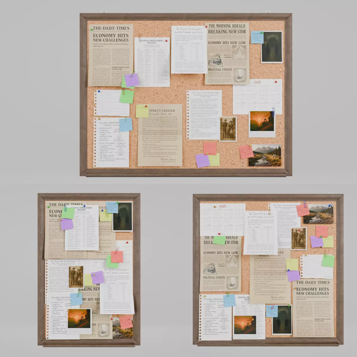 Classic Wooden Corkboard Trio - Customizable Pin Boards 3D Model Collection_0