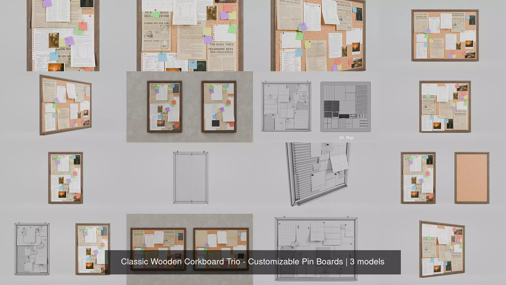 Classic Wooden Corkboard Trio - Customizable Pin Boards 3D Model Collection_4