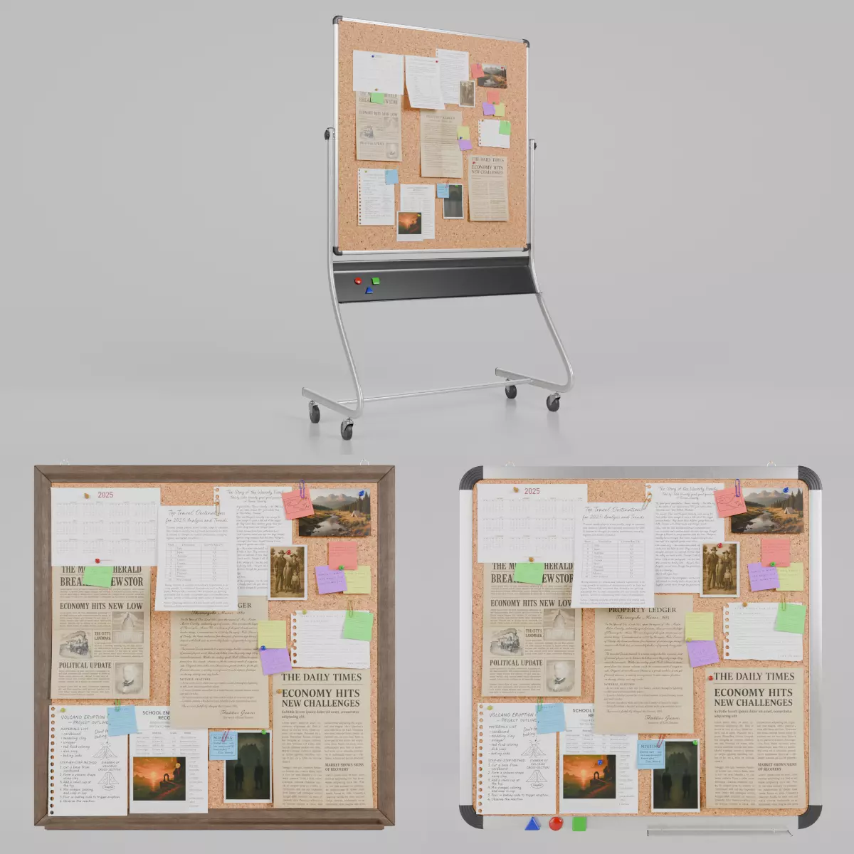 Compact Square Corkboard Trio - Customizable Pin Board Set 3D Model Collection_0