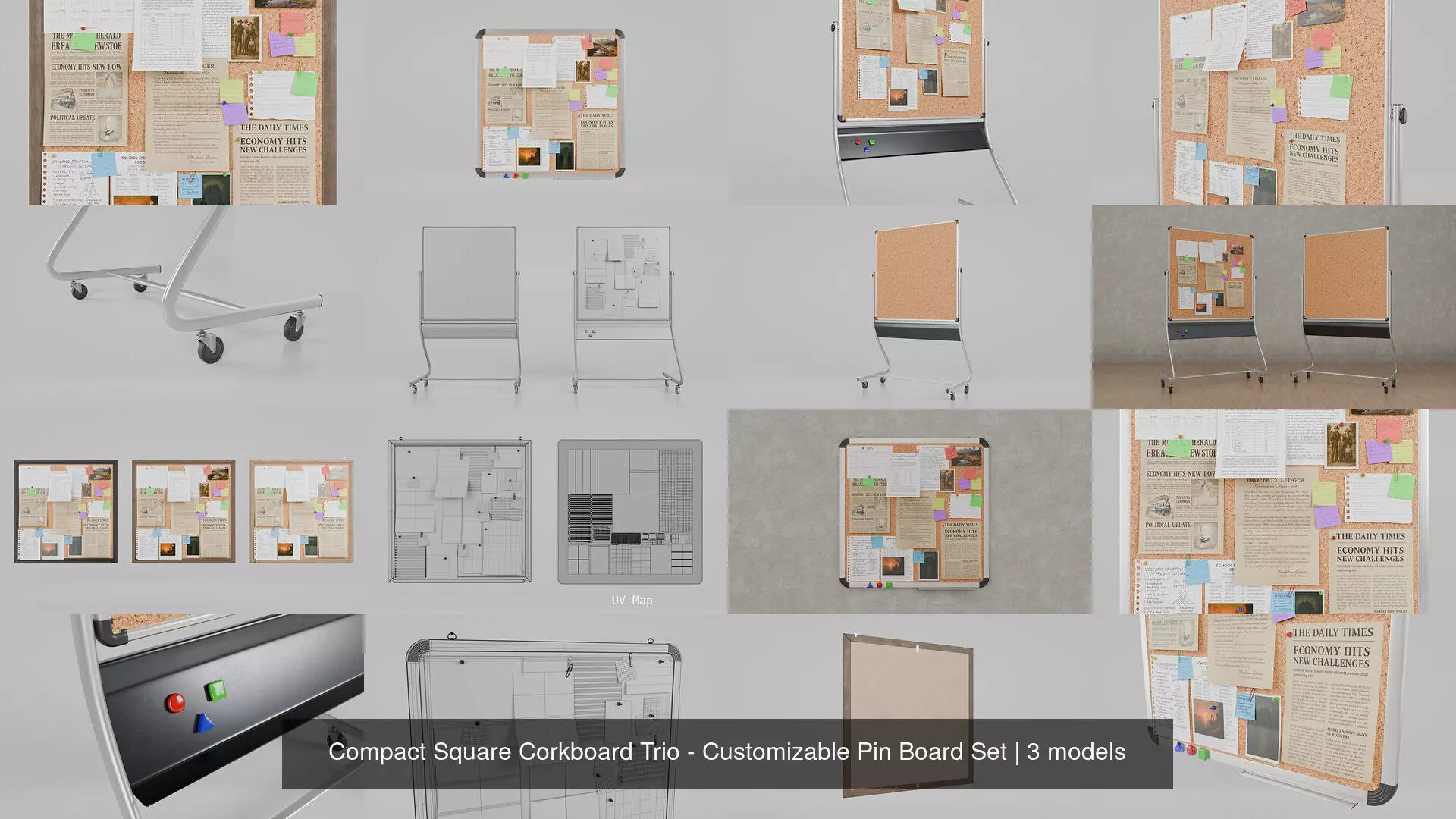 Compact Square Corkboard Trio - Customizable Pin Board Set 3D Model Collection_4