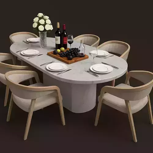 Modern Oval Dining Table Set with 6 Chairs and Decorative Setup 