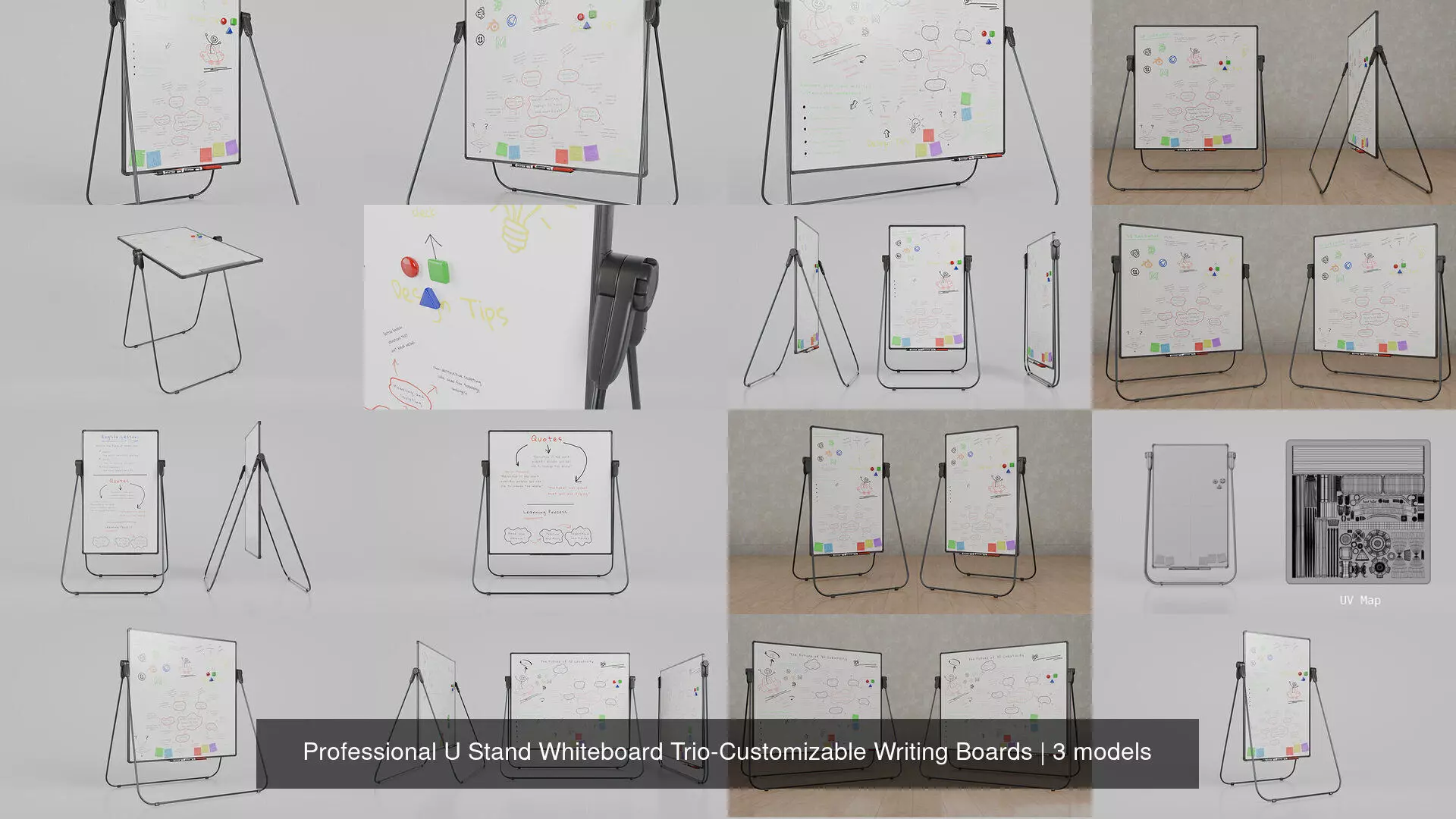 Professional U Stand Whiteboard Trio-Customizable Writing Boards 3D Model Collection_4