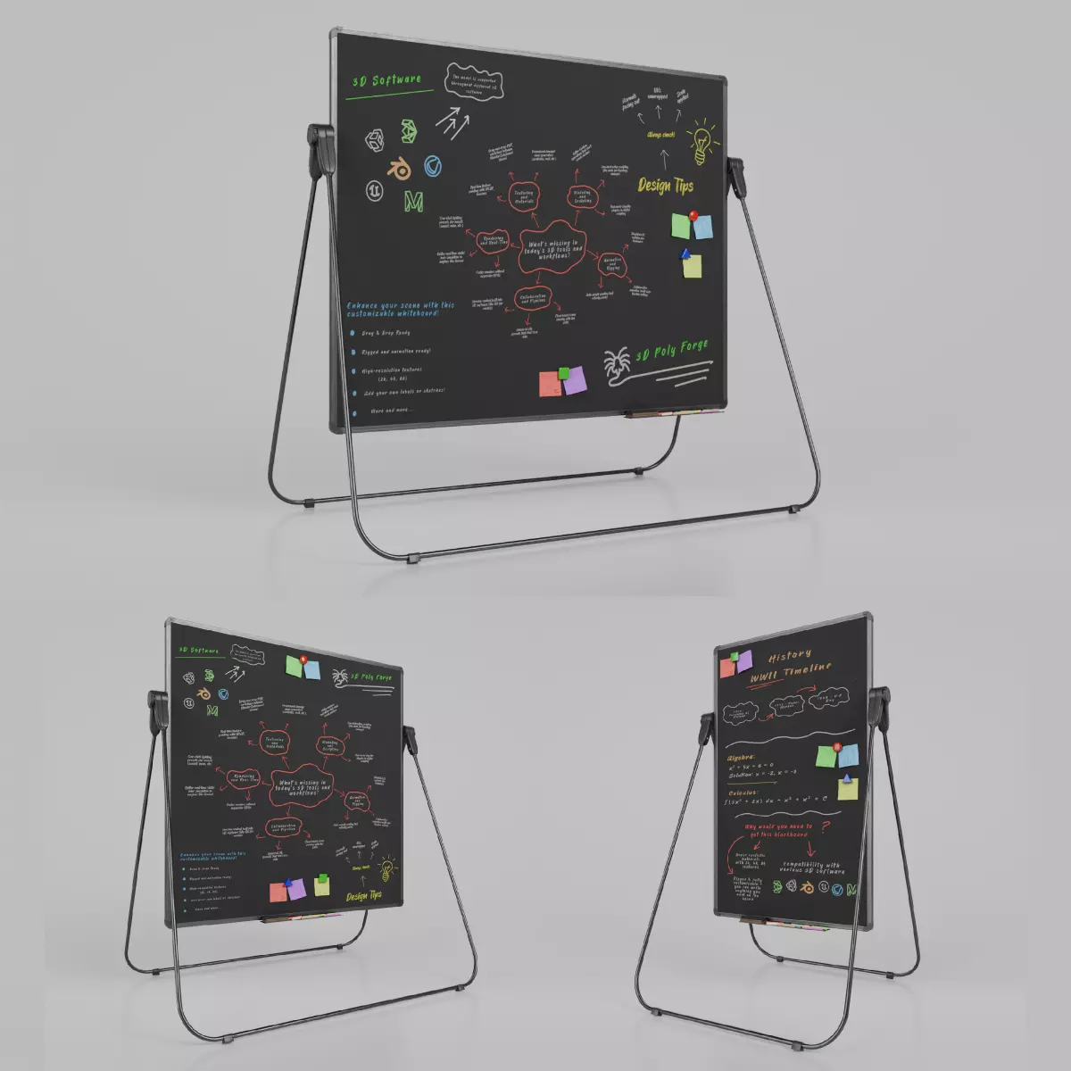 Professional U Stand Blackboard Trio-Customizable Writing Boards 3D Model Collection_0