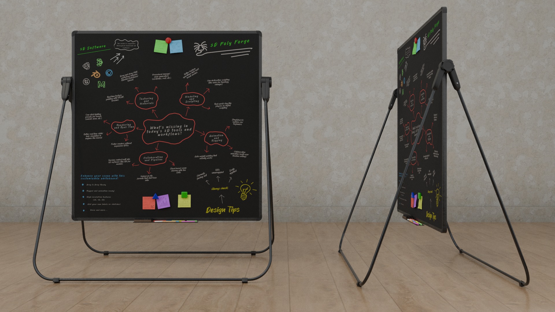 Professional U Stand Blackboard Trio-Customizable Writing Boards 3D Model Collection_15