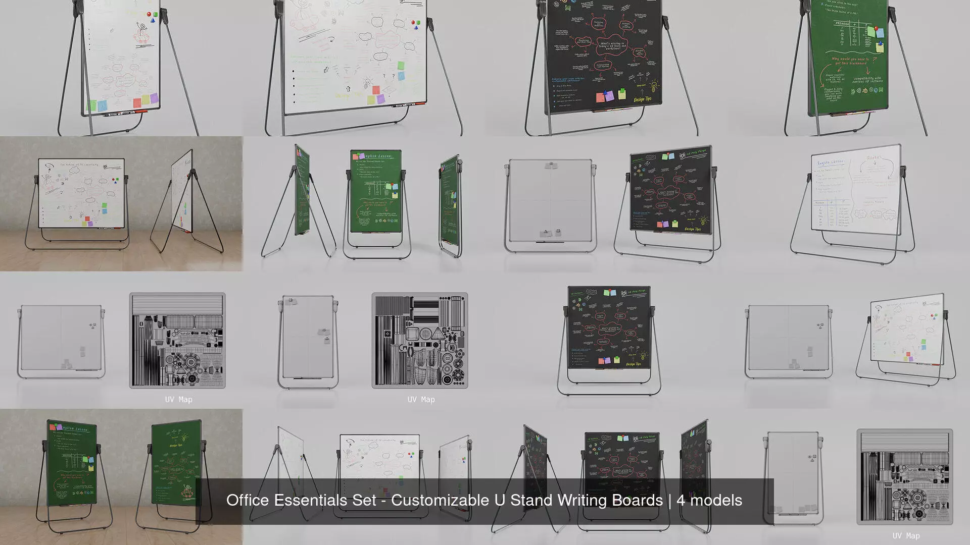 Office Essentials Set - Customizable U Stand Writing Boards 3D Model Collection_5