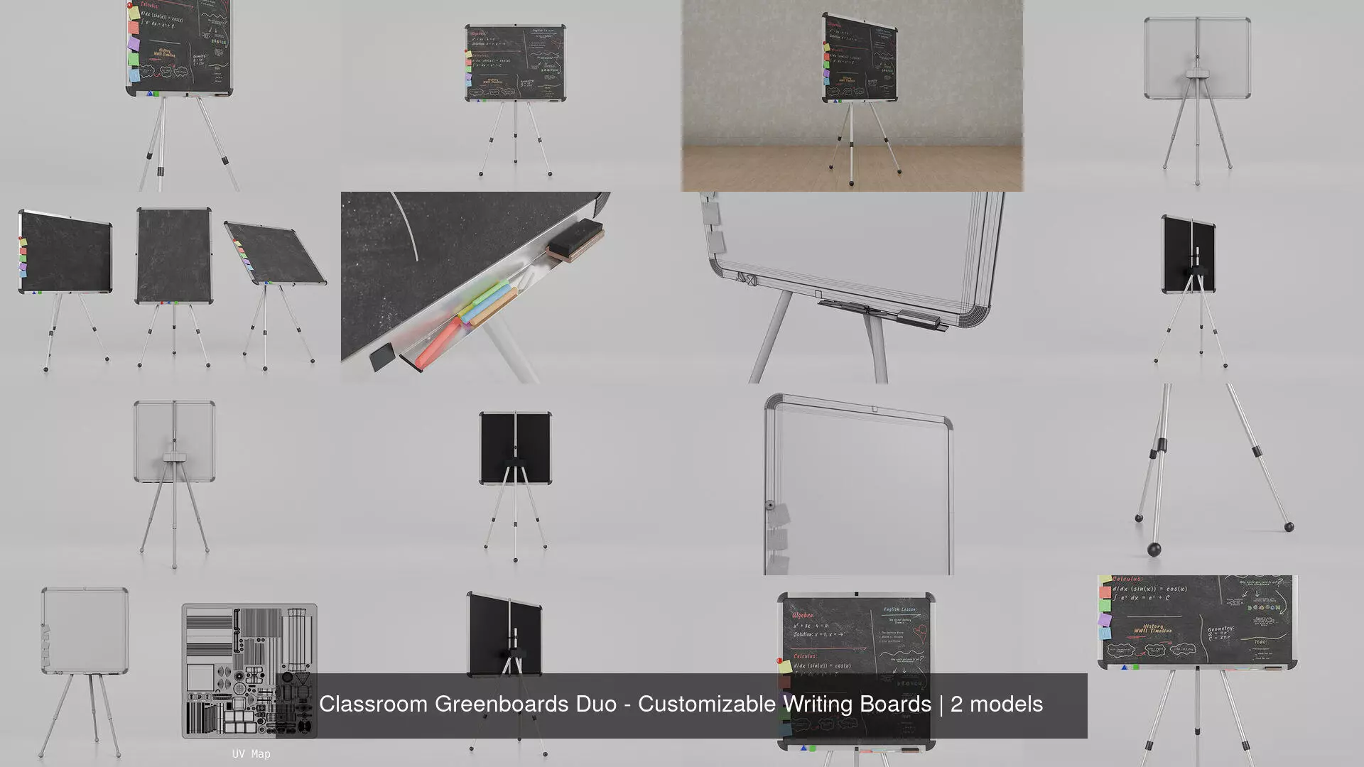 Classroom Greenboards Duo - Customizable Writing Boards 3D Model Collection_3