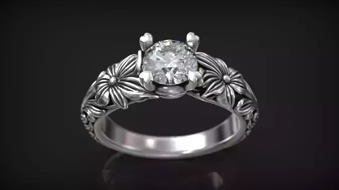 Vintage Diamond Solitaire Organic Floral Bridal Engagement Ring
