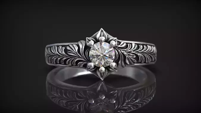 Floral Engagement Ring with Botanical Engraving and Diamond